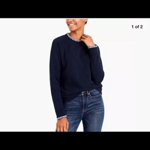 J Crew Navy ruffle neck pullover gingham trim